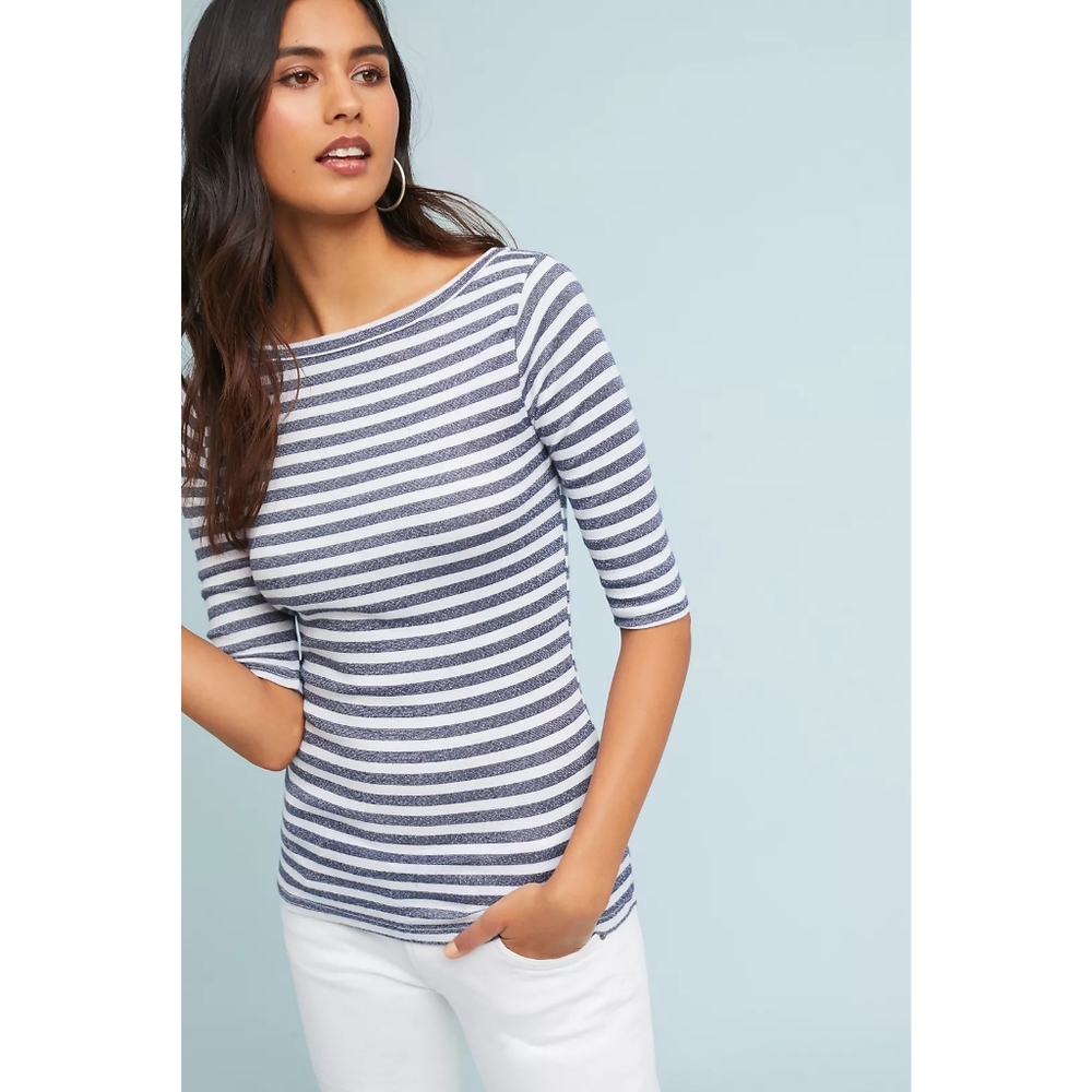 Michael Stars Shine Boatneck Top Navy White Stripe 3/4 Sleeve M/L